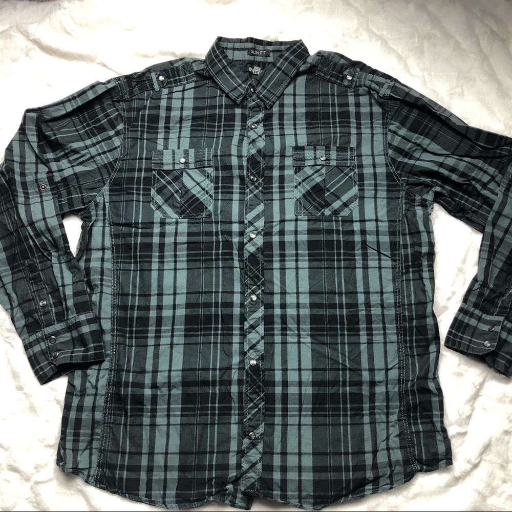 Black Brand Slim Fit Green & Black Plaid Oxford size XXL - Picture 3 of 13